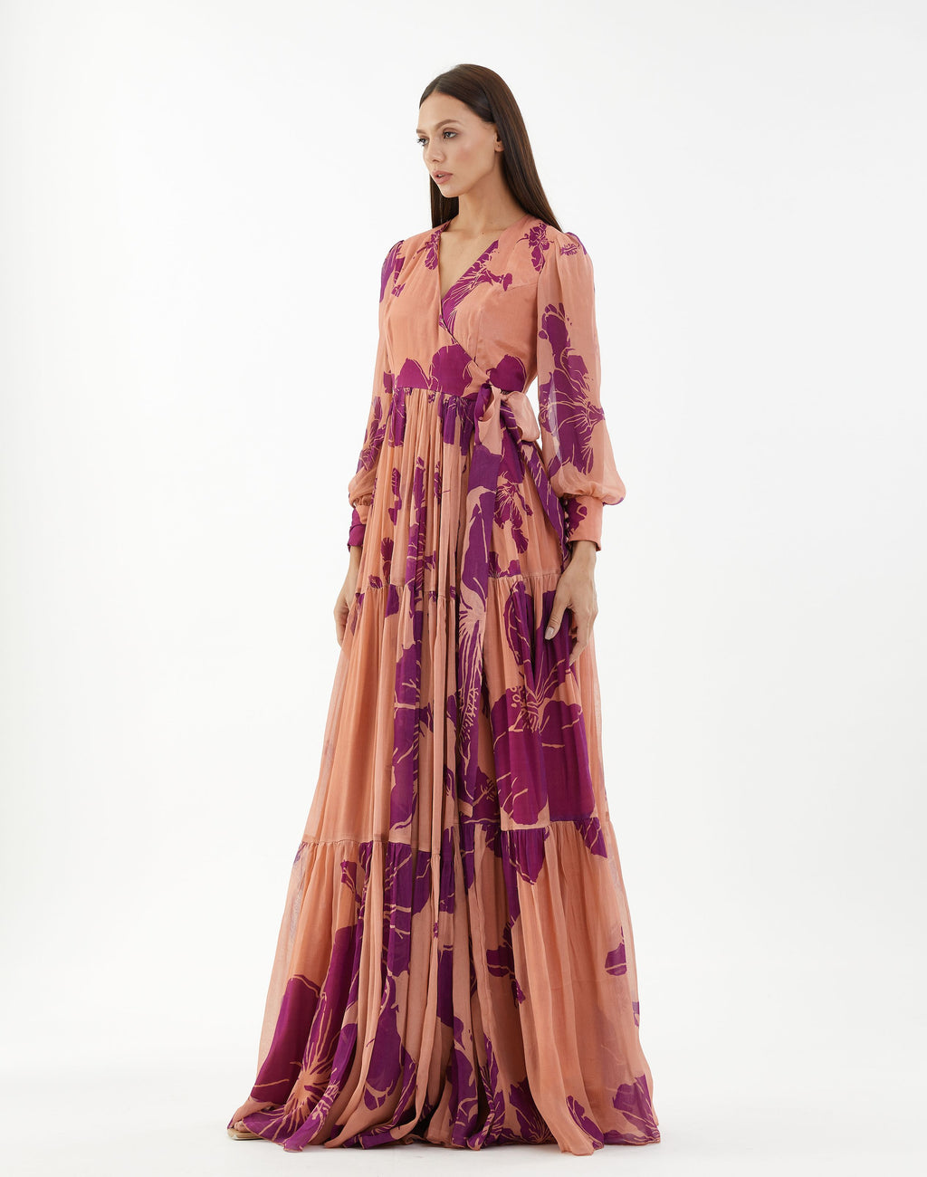 ORANGE AND PURPLE FLORAL LONG WRAP DRESS – ShopKoai