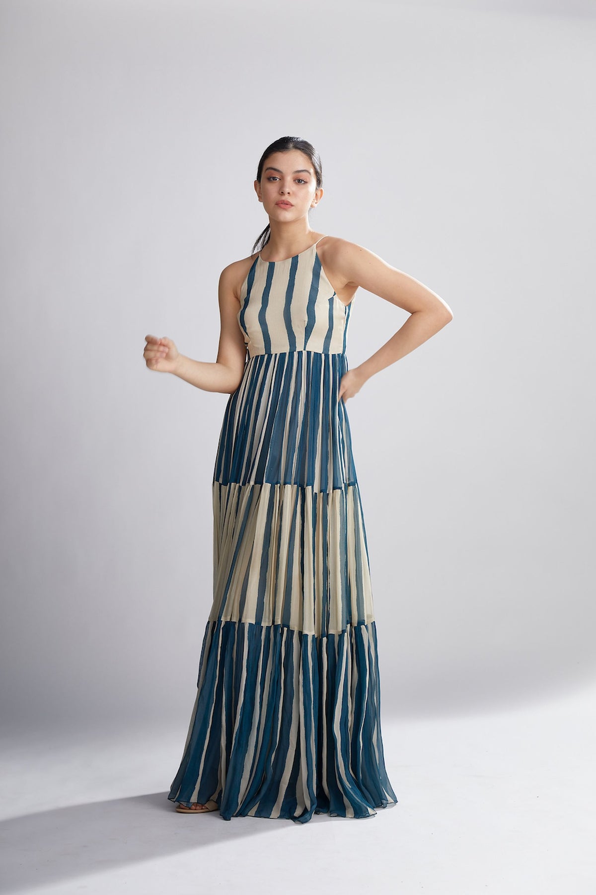 TEAL AND WHITE STRIPE LONG DRESS