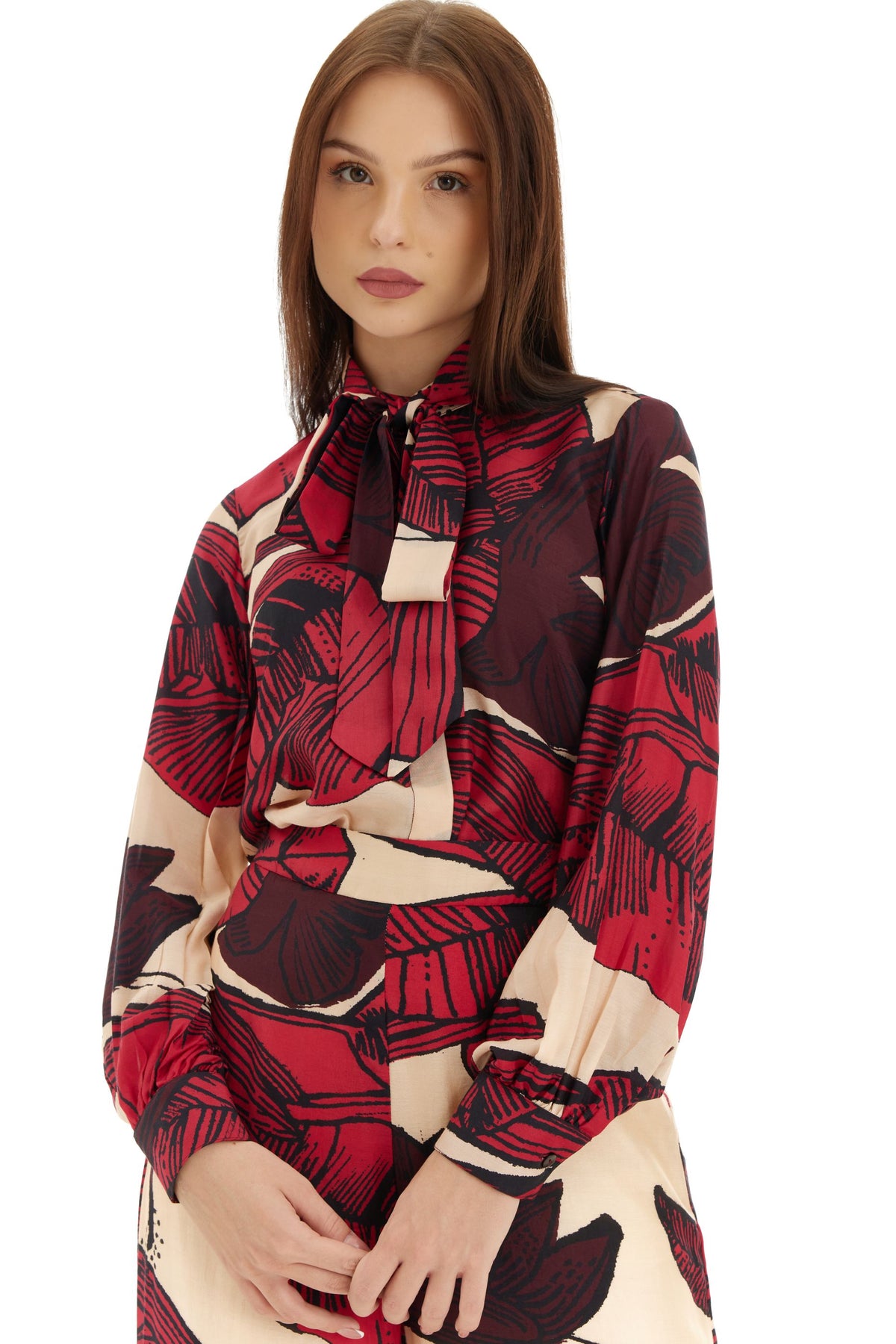 OFF WHITE, RED & BROWN FLORAL BOW SHIRT