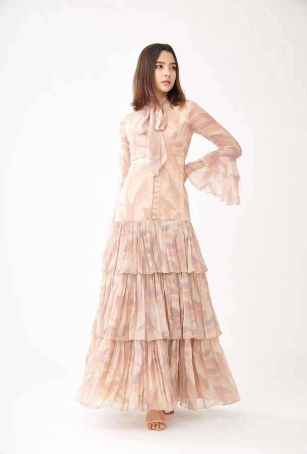 CREAM, PINK AND LAVENDER FLORAL THREE LAYER FRILL DRESS – ShopKoai