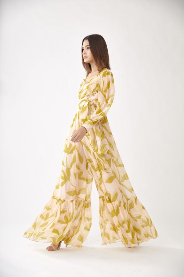 PEACH AND MUSTARD FLORAL WRAP JUMPSUIT