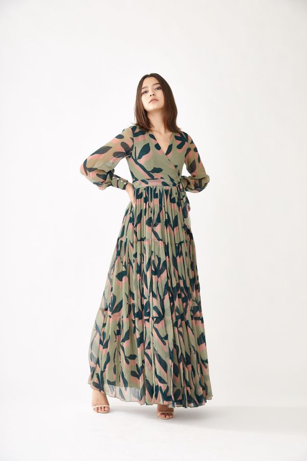 PINK, OLIVE AND GREEN FLORAL WRAP DRESS