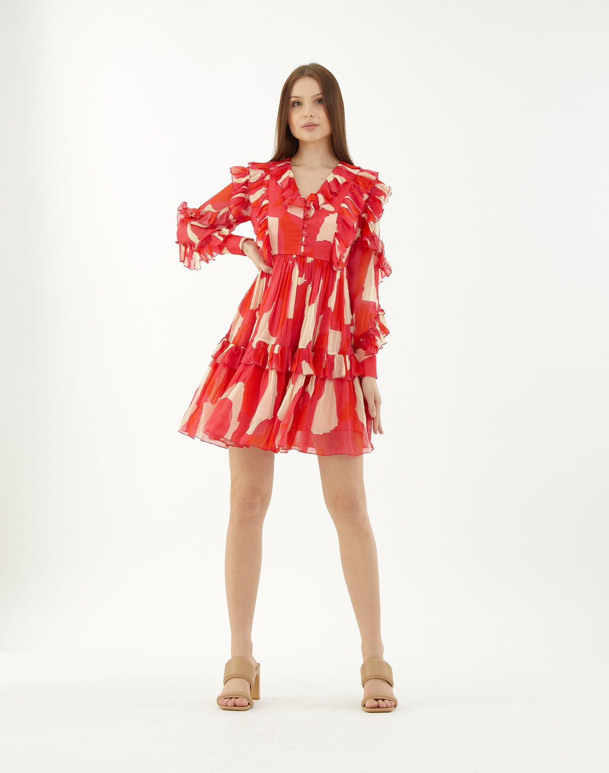 HOT PINK, RED AND BEIGE ABSTRACT FRILL SHORT DRESS