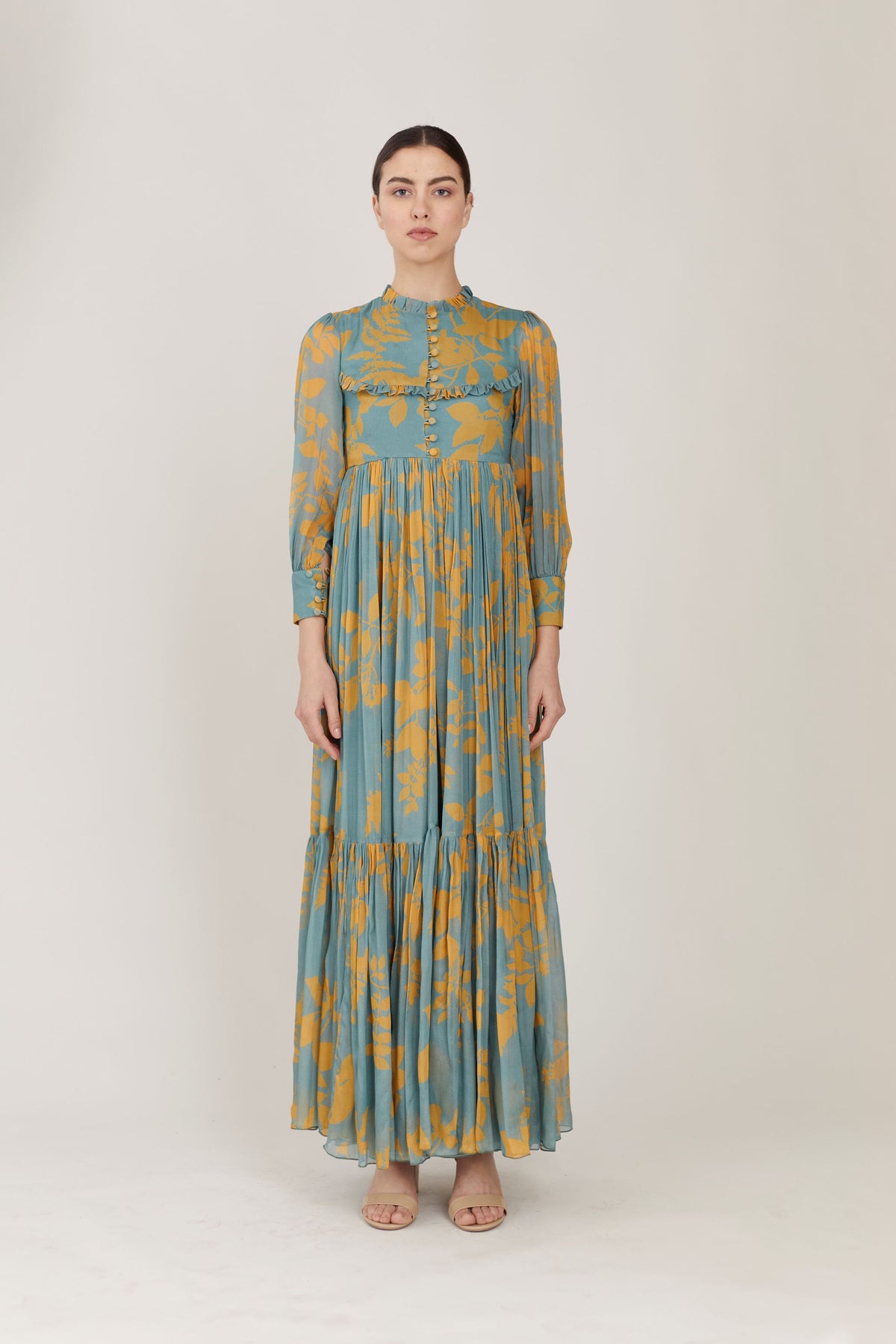 BLUE AND MUSTARD FLORAL LONG FRILL DRESS