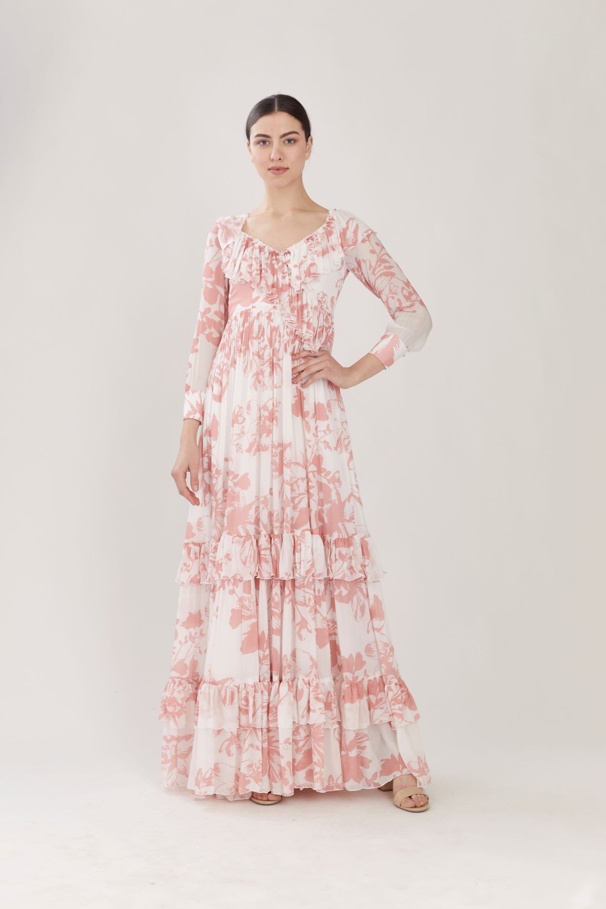 WHITE & PINK FLORAL FRILL LONG DRESS