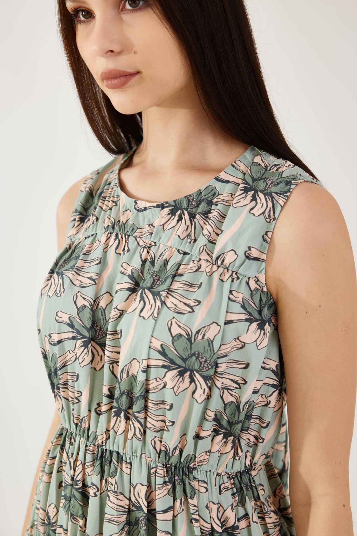 OLIVE AND GREEN FLORAL SLEEVELESS MIDI DRESS