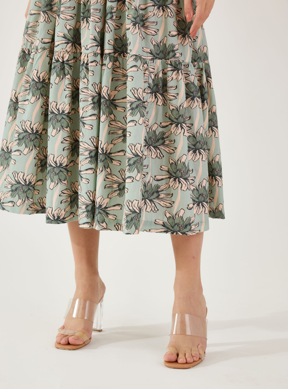 OLIVE AND GREEN FLORAL SLEEVELESS MIDI DRESS