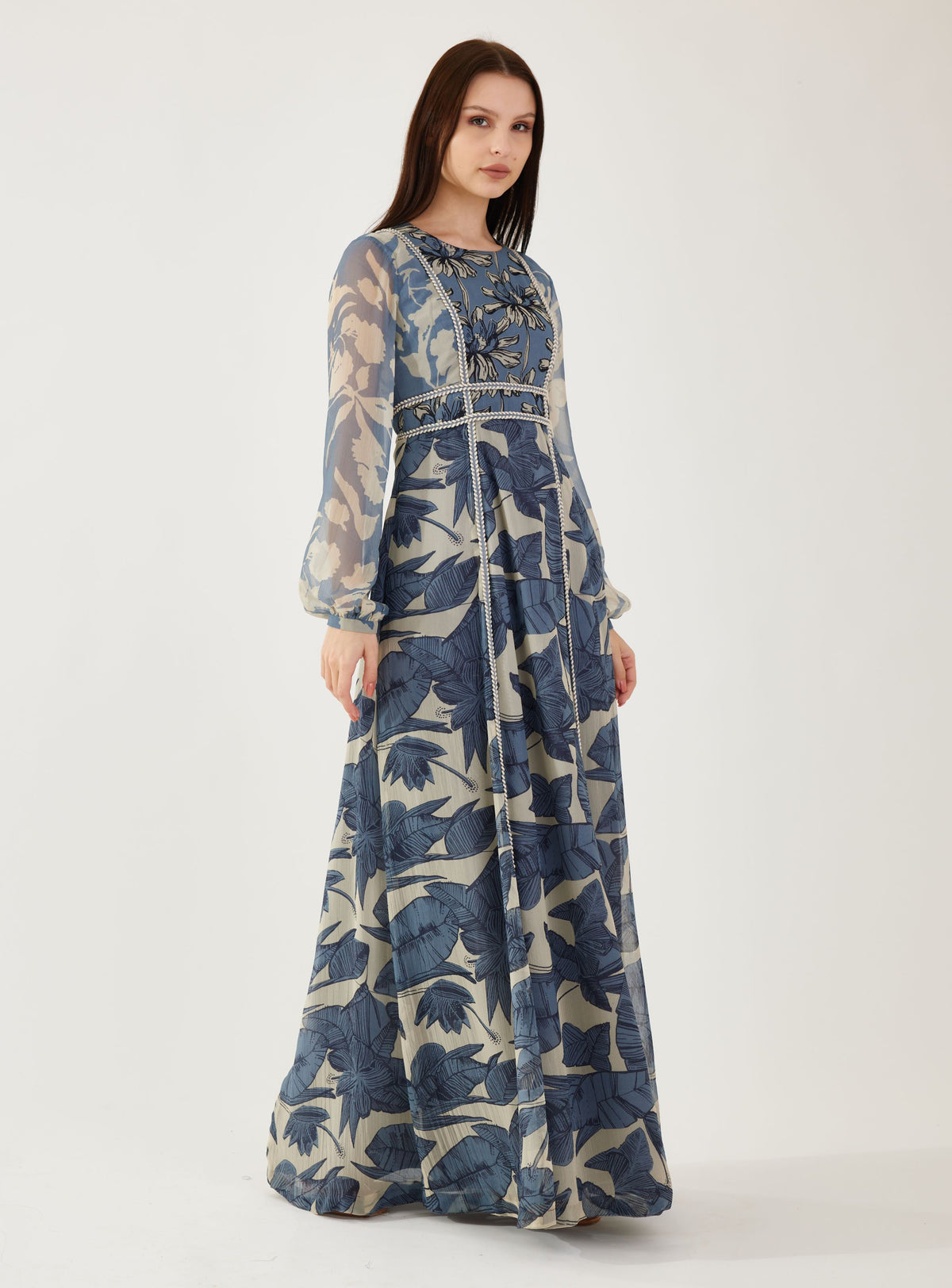 BLUE AND CREAM FLORAL EMBROIDERED KAFTAN DRESS