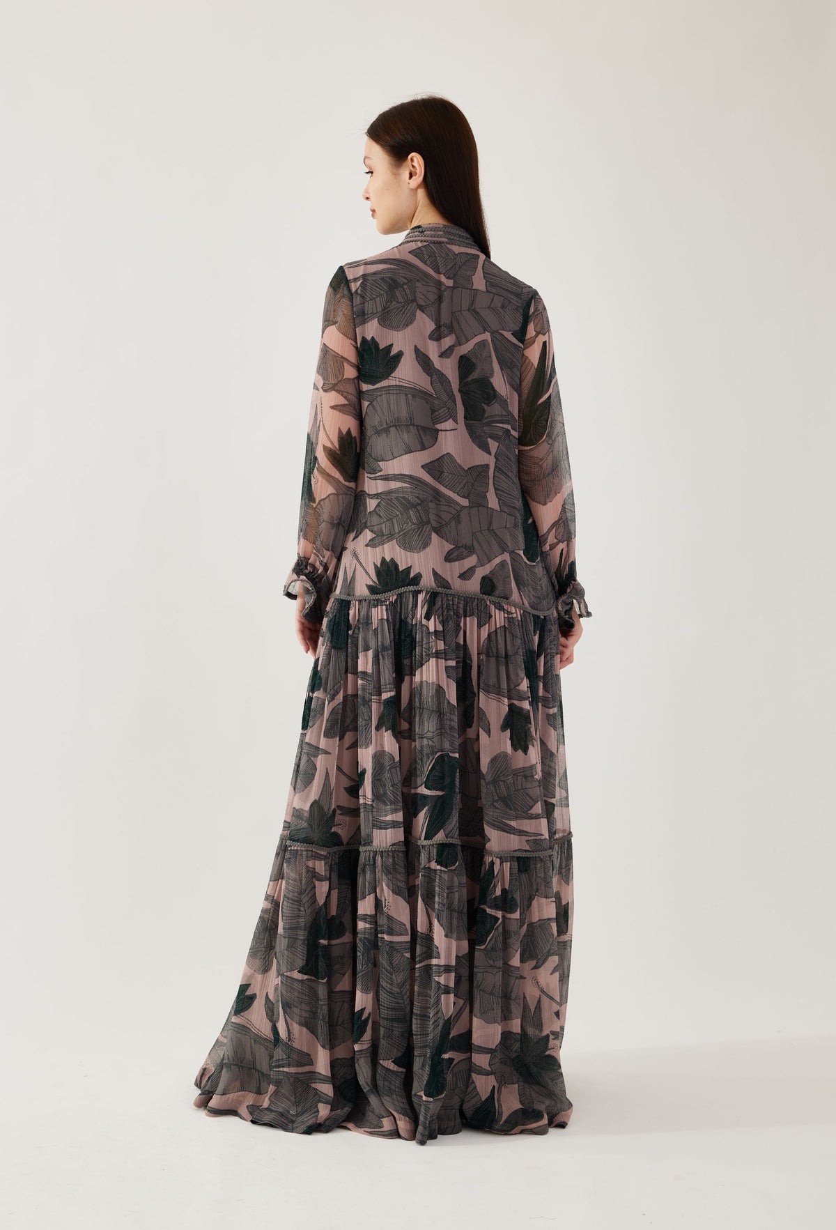 PEACH, GREY AND GREEN FLORAL LONG DRESS