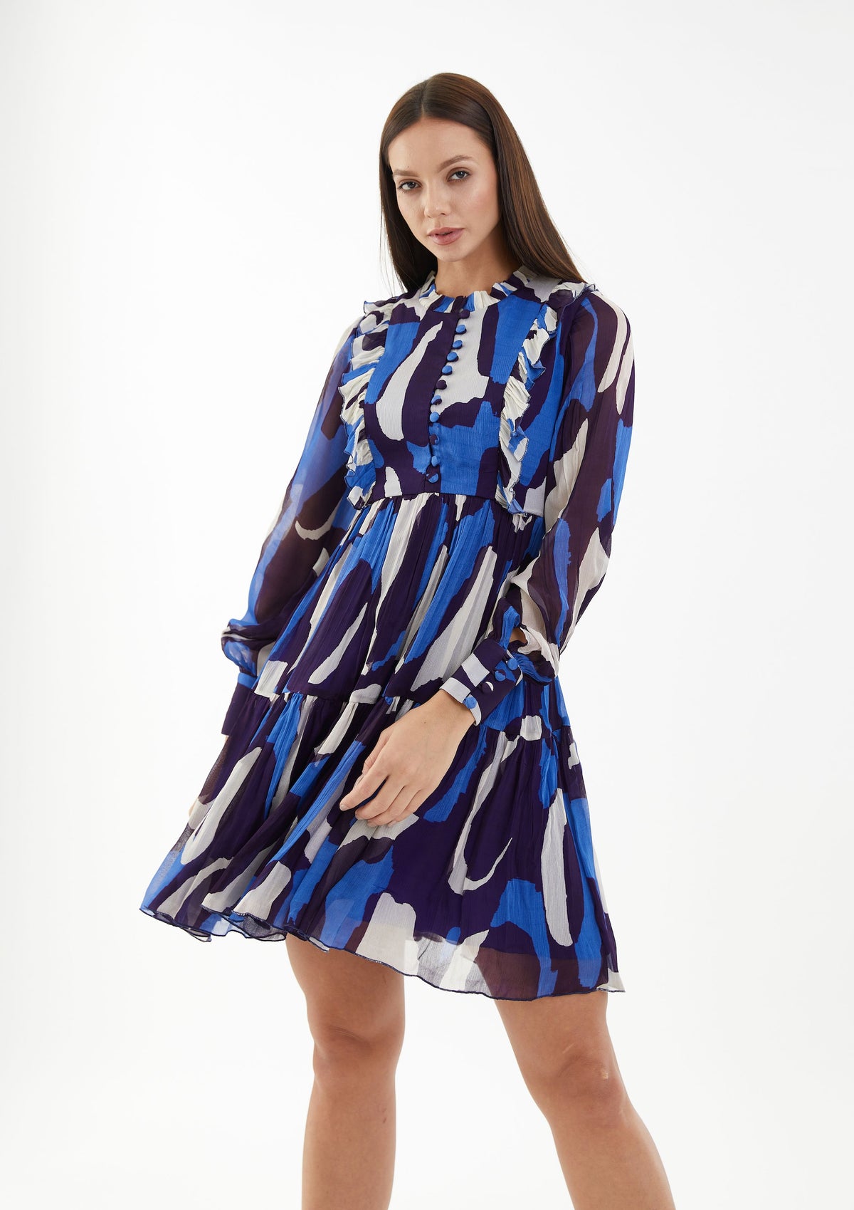 BLUE AND WHITE ABSTRACT SHORT DRESS
