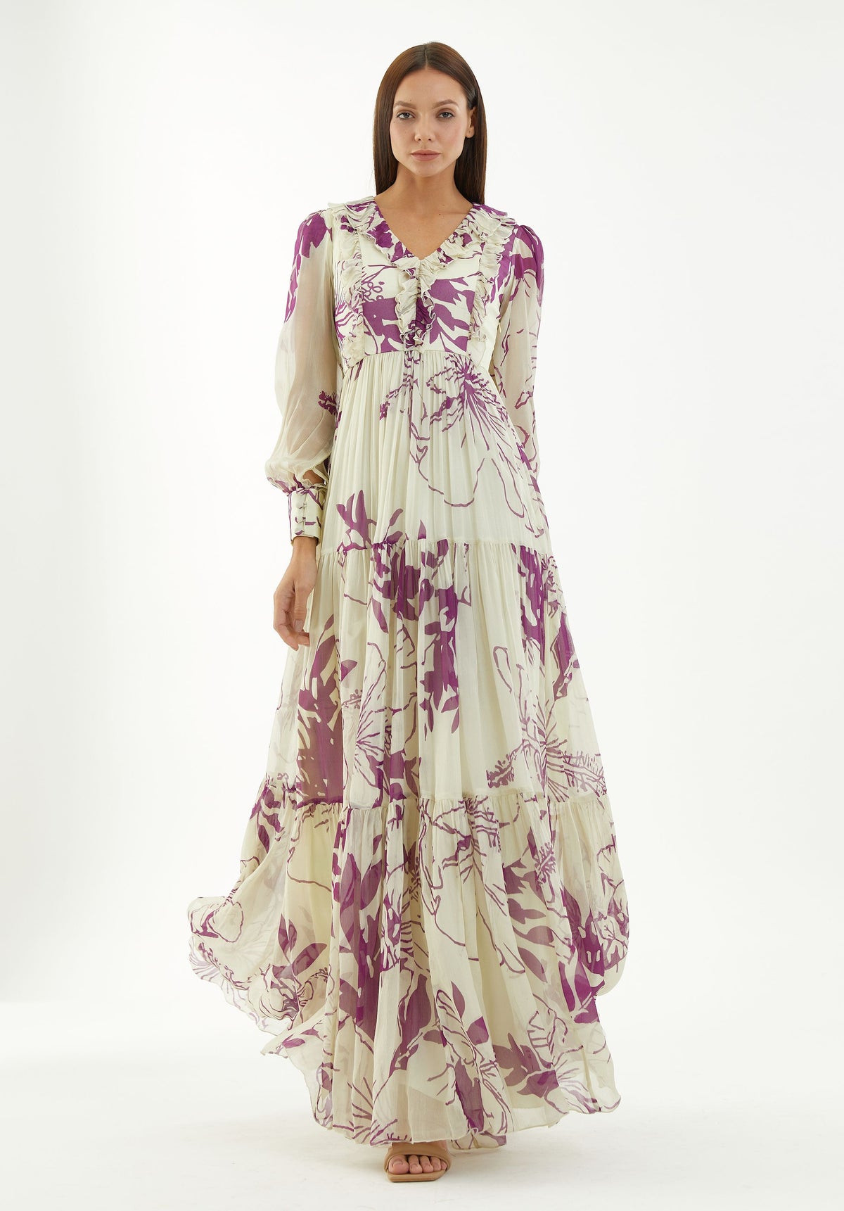 WHITE AND PURPLE FLORAL LONG DRESS