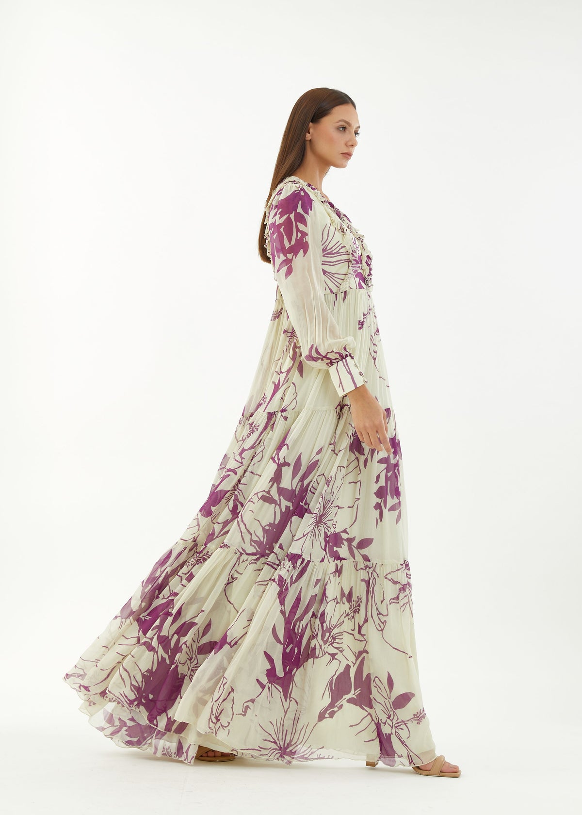 WHITE AND PURPLE FLORAL LONG DRESS