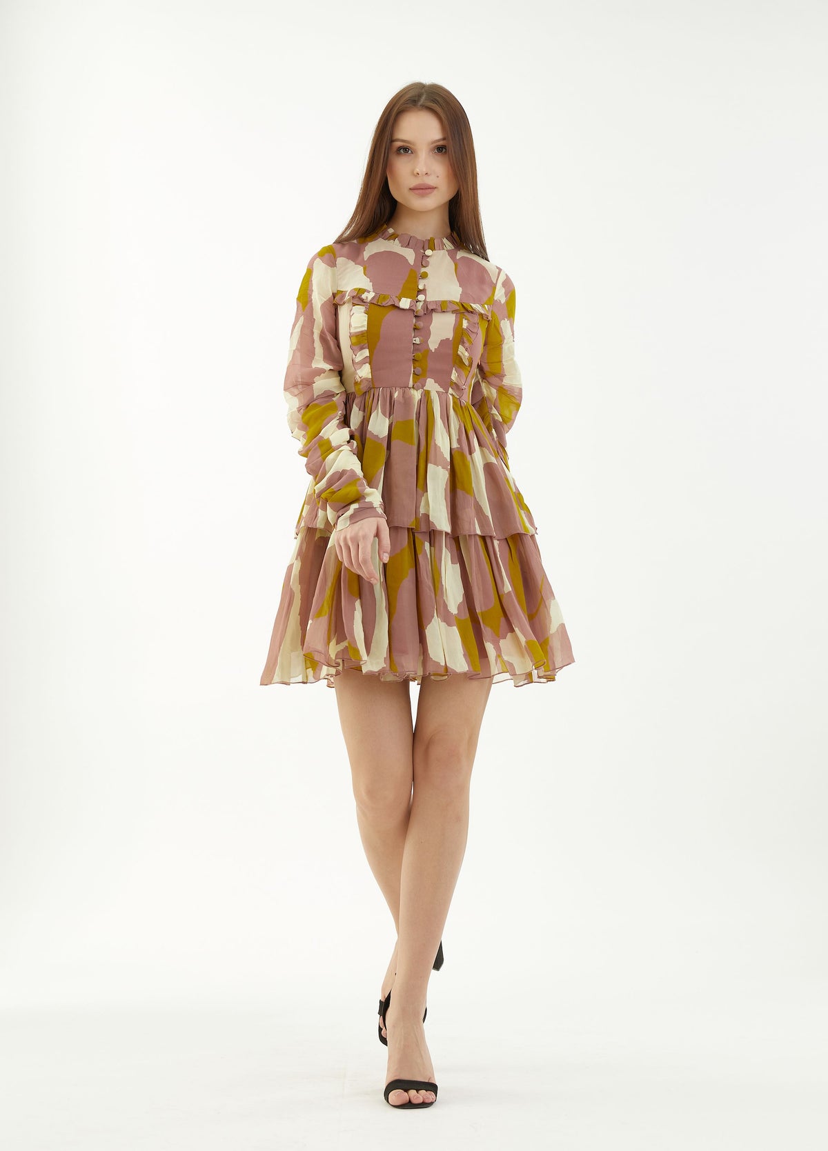 PEACH, MUSTARD AND OFF-WHITE FRILL SHORT DRESS