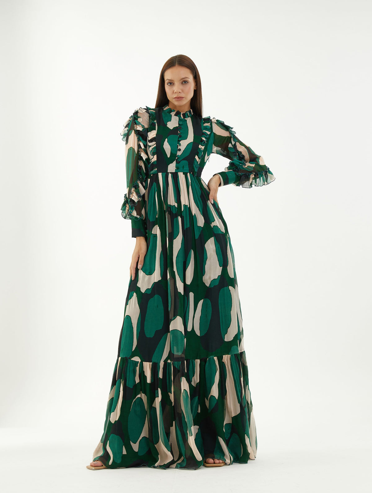 GREEN, BLACK AND OFF-WHITE ABSTRACT FRILL LONG DRESS