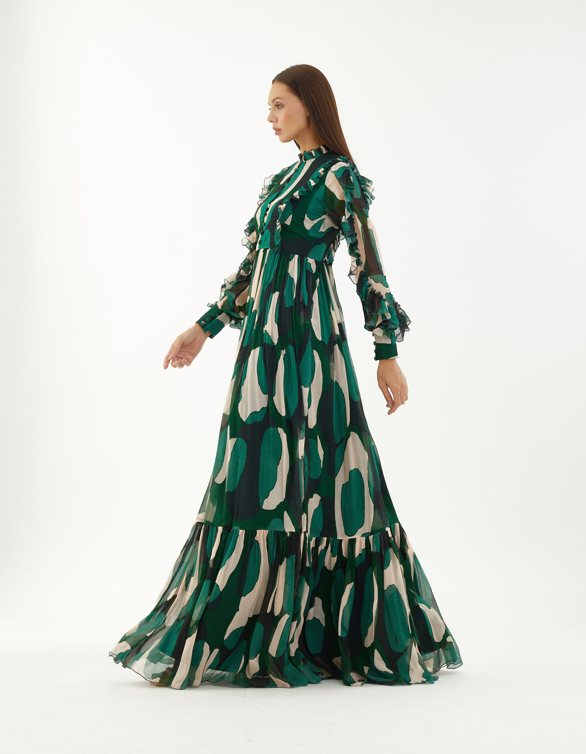 GREEN, BLACK AND OFF-WHITE ABSTRACT FRILL LONG DRESS