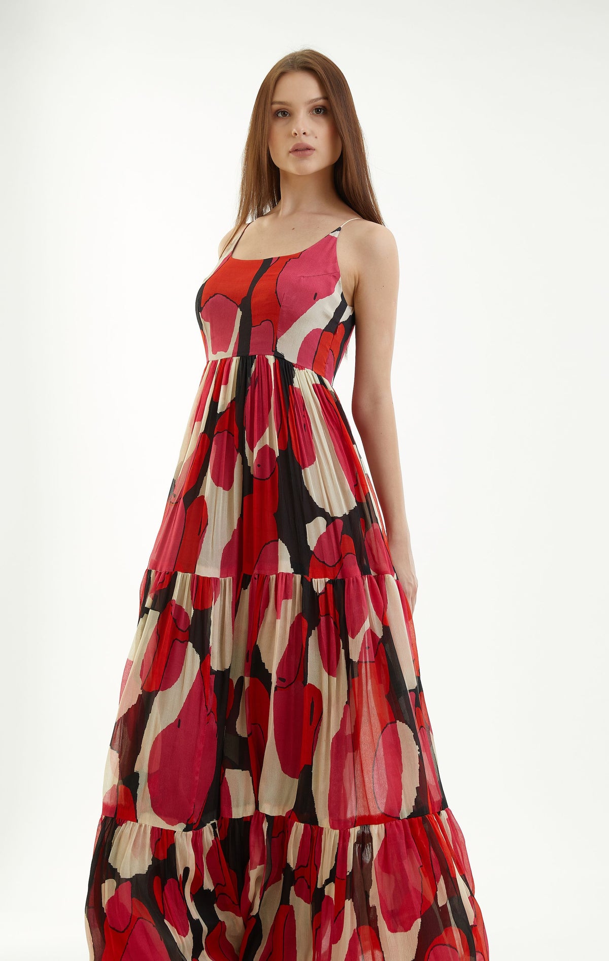 RED, PINK WHITE AND BLACK ABSTRACT FLARE DRESS