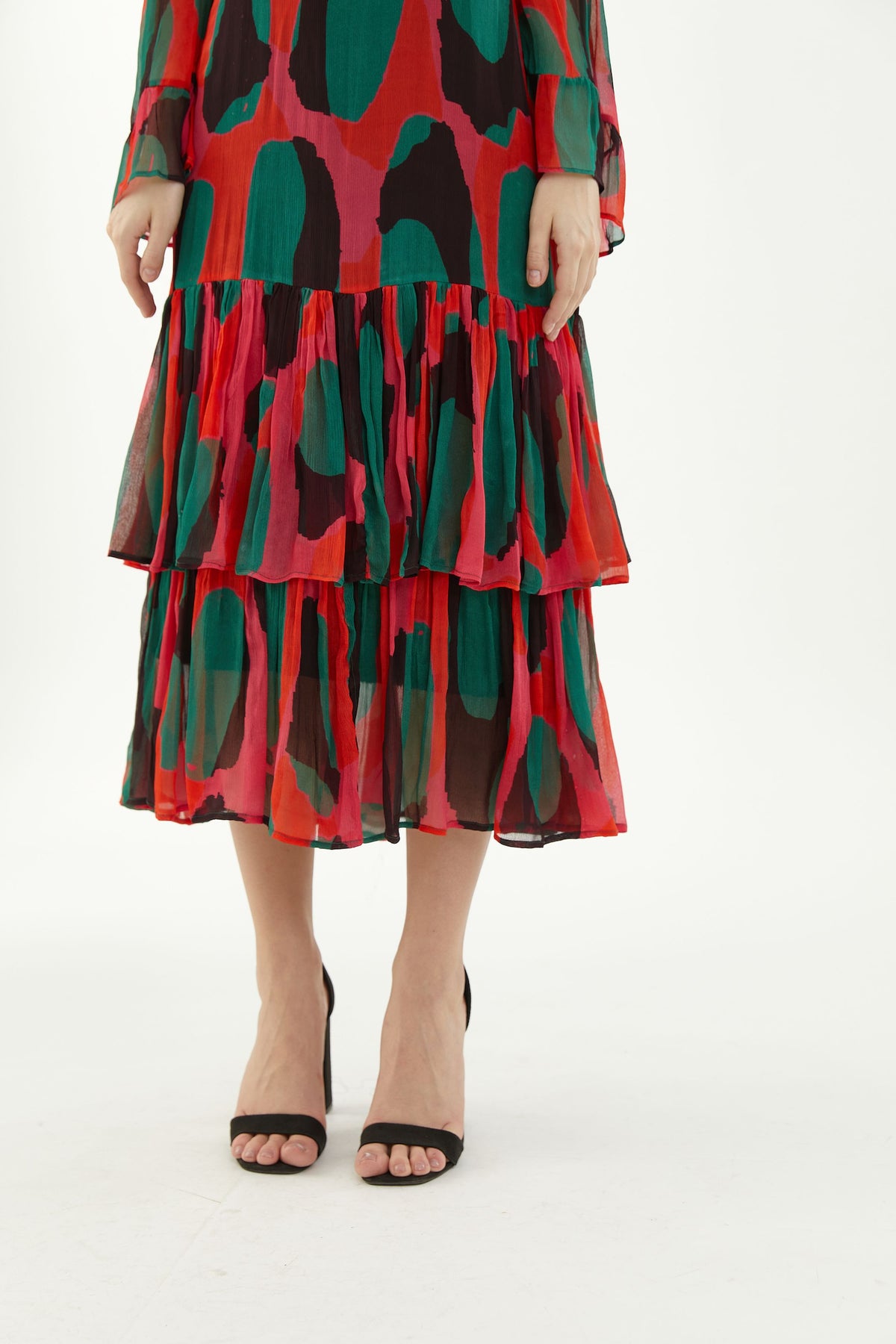 RED, GREEN AND BLACK ABSTRACT FRILL DRESS RED, GREEN AND BLACK ABSTRACT FRILL DRESS