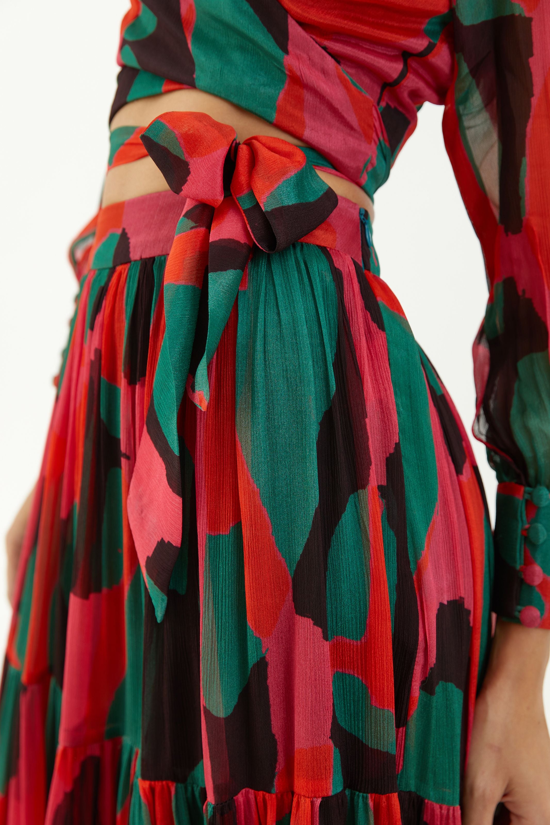 Shop Red, Green and Black Chiffon Layer Skirt Online | KoAi