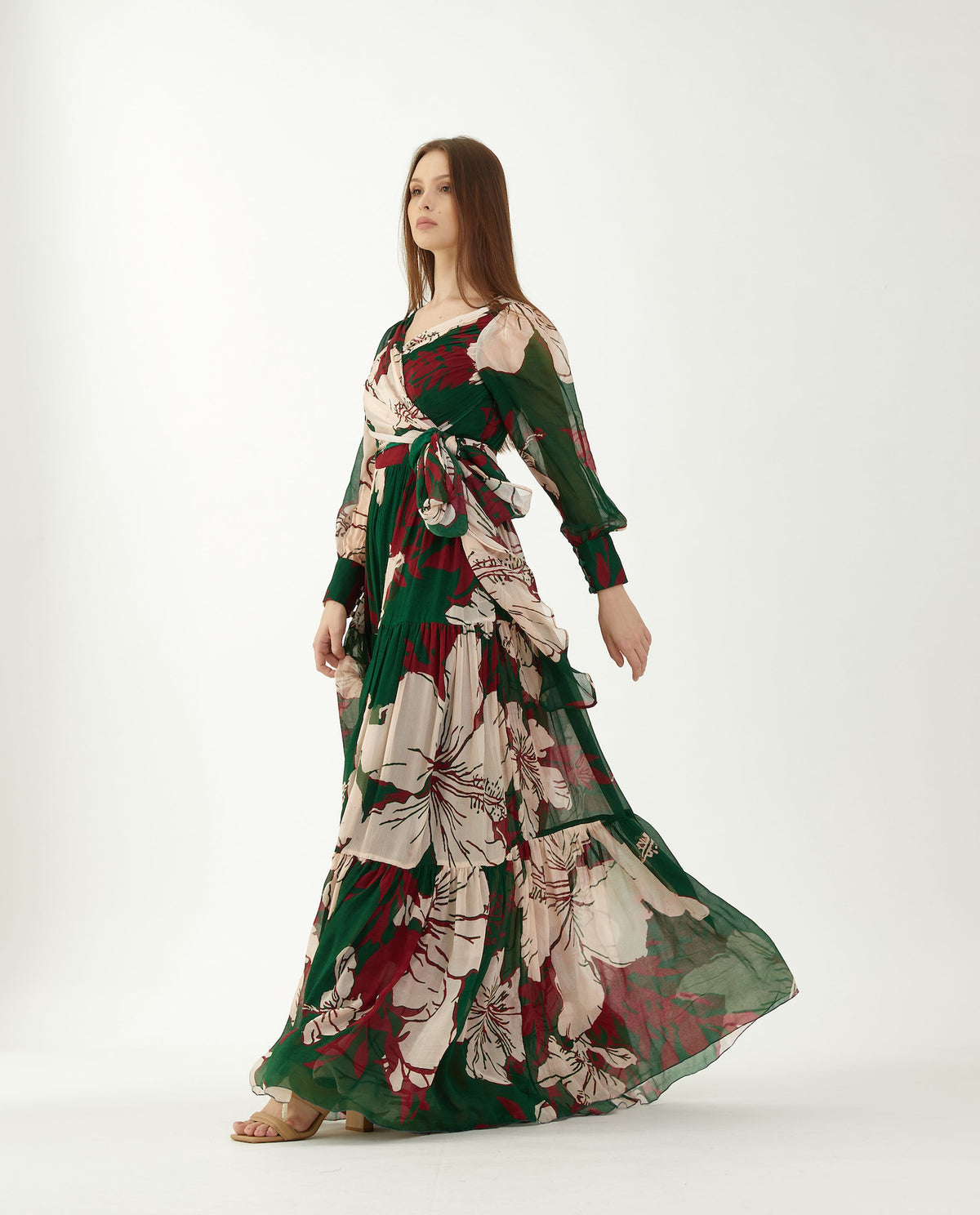 GREEN, RED AND OFFWHITE LONG FLORAL DRESS