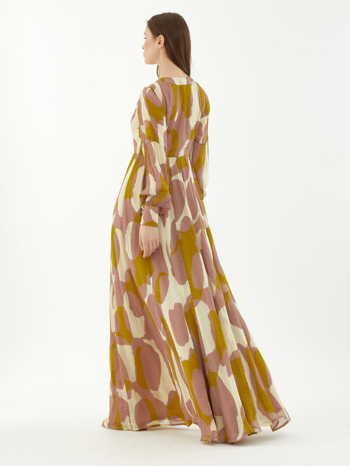 PEACH, MUSTARD AND OFFWHITE FRONT OPEN ABSTRACT DRESS