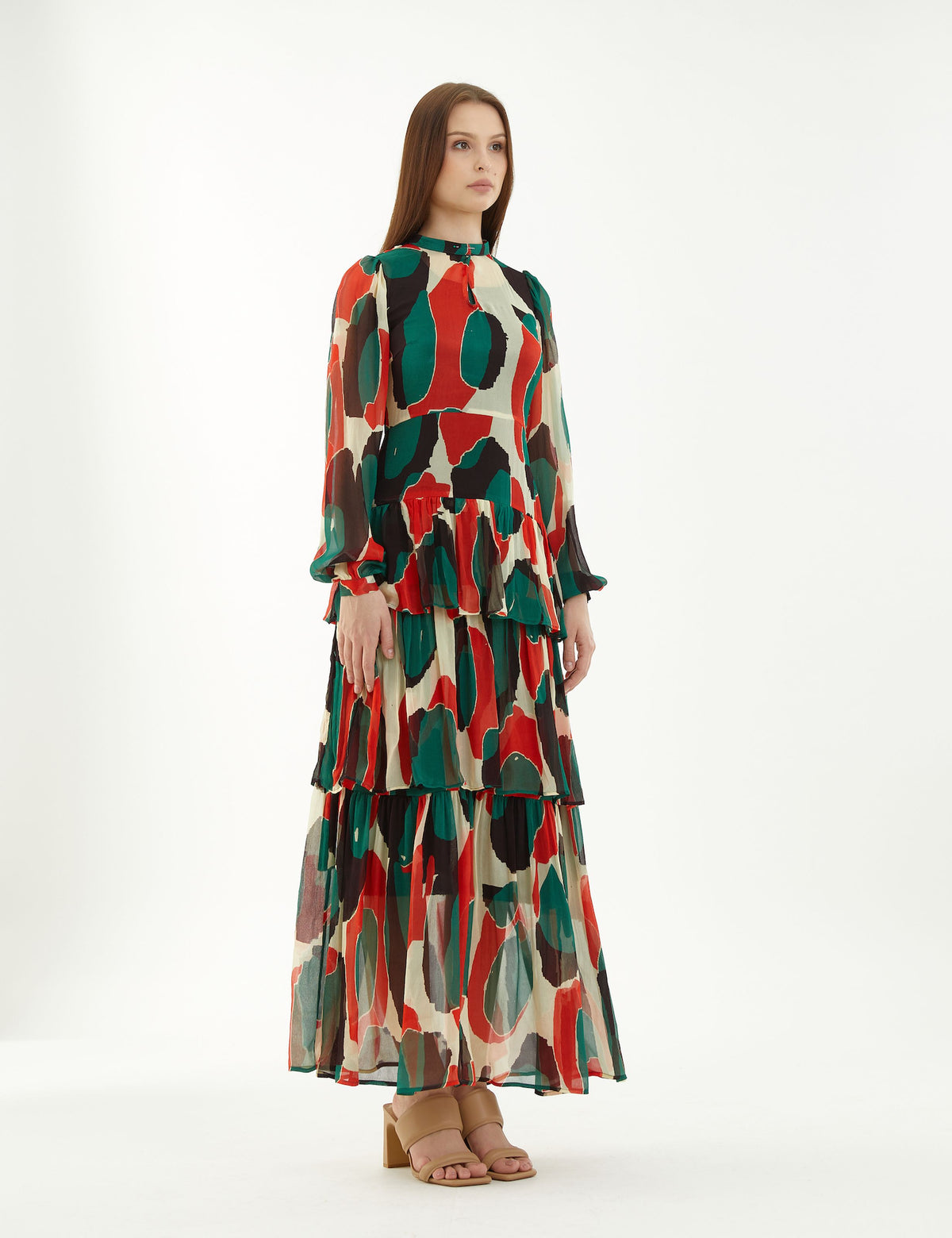 OFFWHITE, GREEN, BLACK AND RED ABSTRACT FRILL DRESS