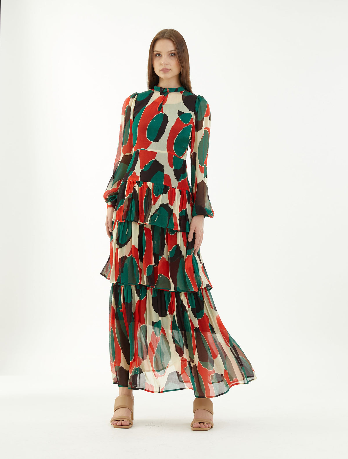 OFFWHITE, GREEN, BLACK AND RED ABSTRACT FRILL DRESS