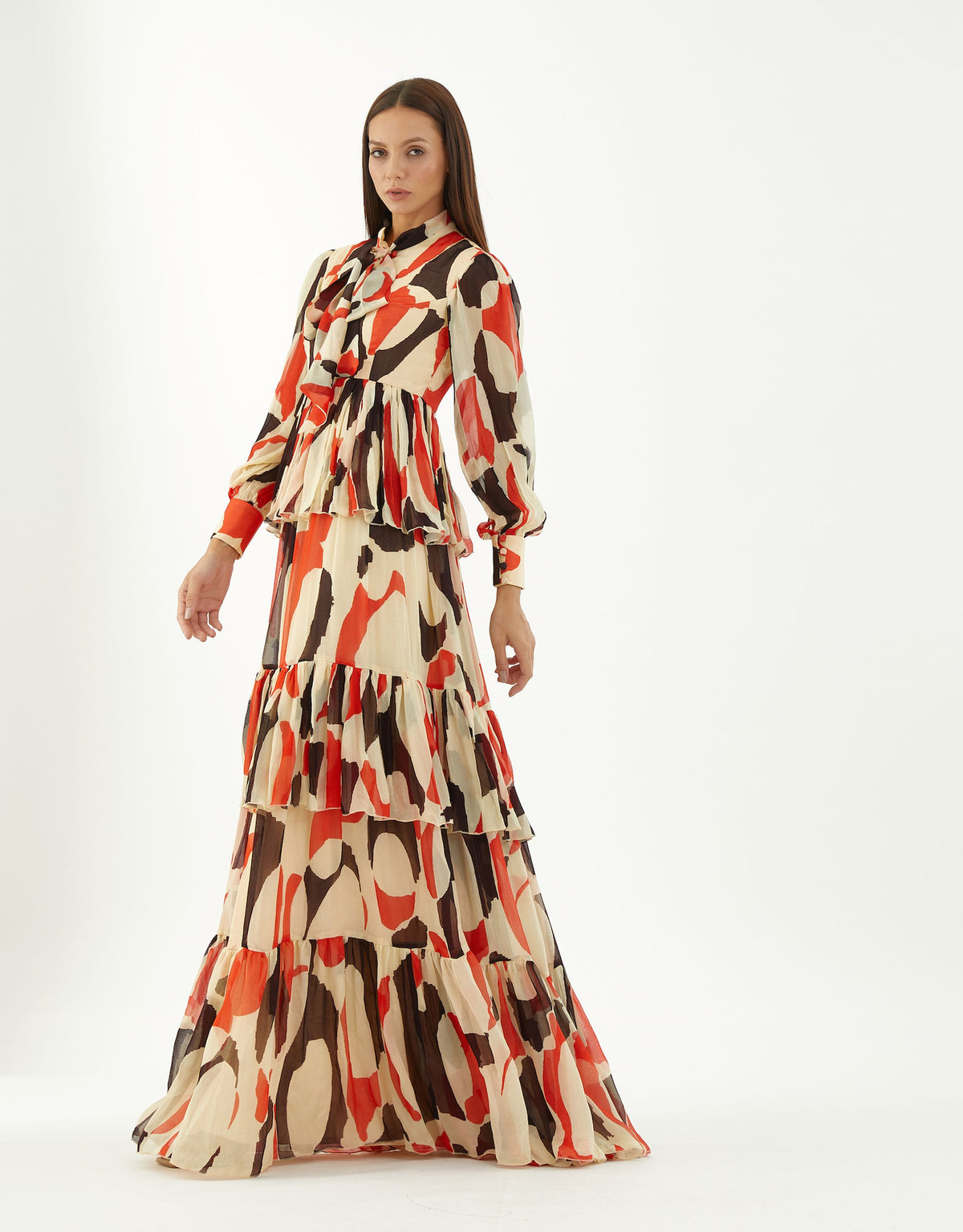 OFFWHITE, RED AND BLACK ABSTRACT FRILL DRESS