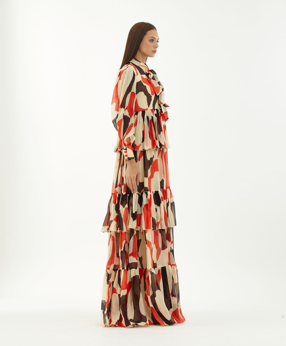 OFFWHITE, RED AND BLACK ABSTRACT FRILL DRESS