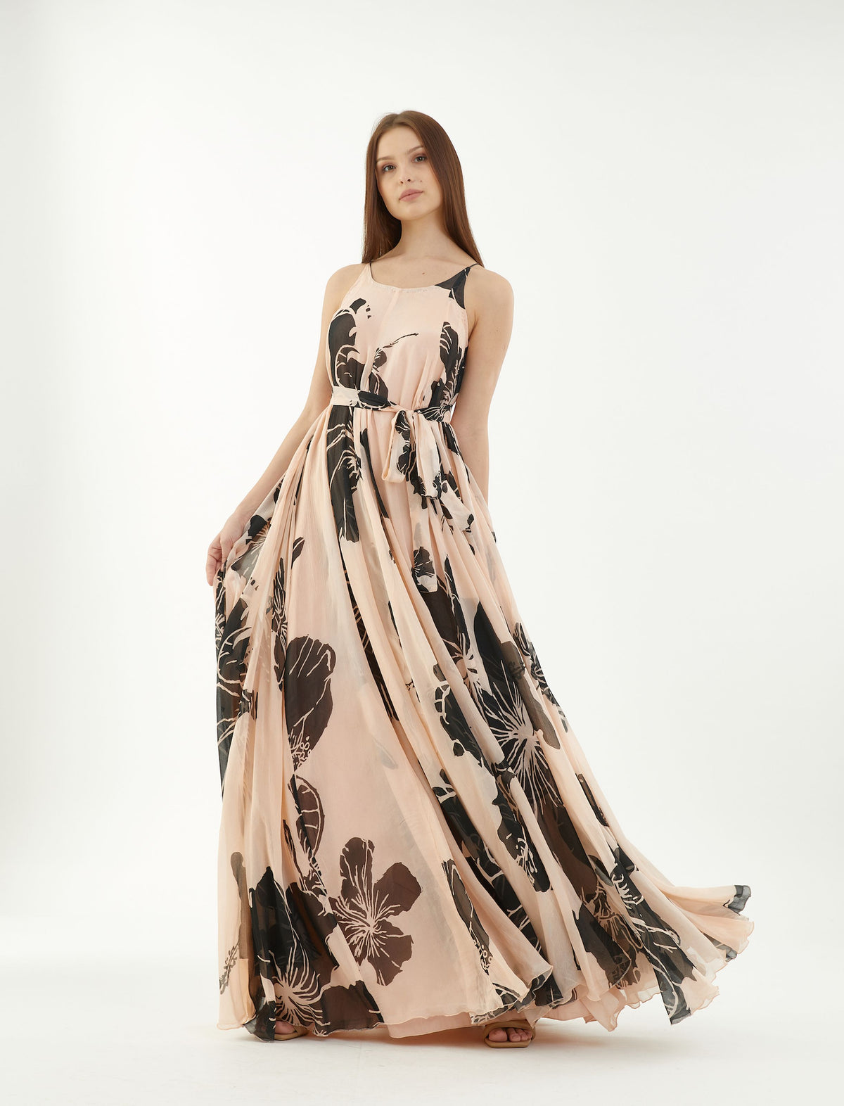 PINK AND BLACK FLORAL LONG FLARE SLEEVELESS DRESS