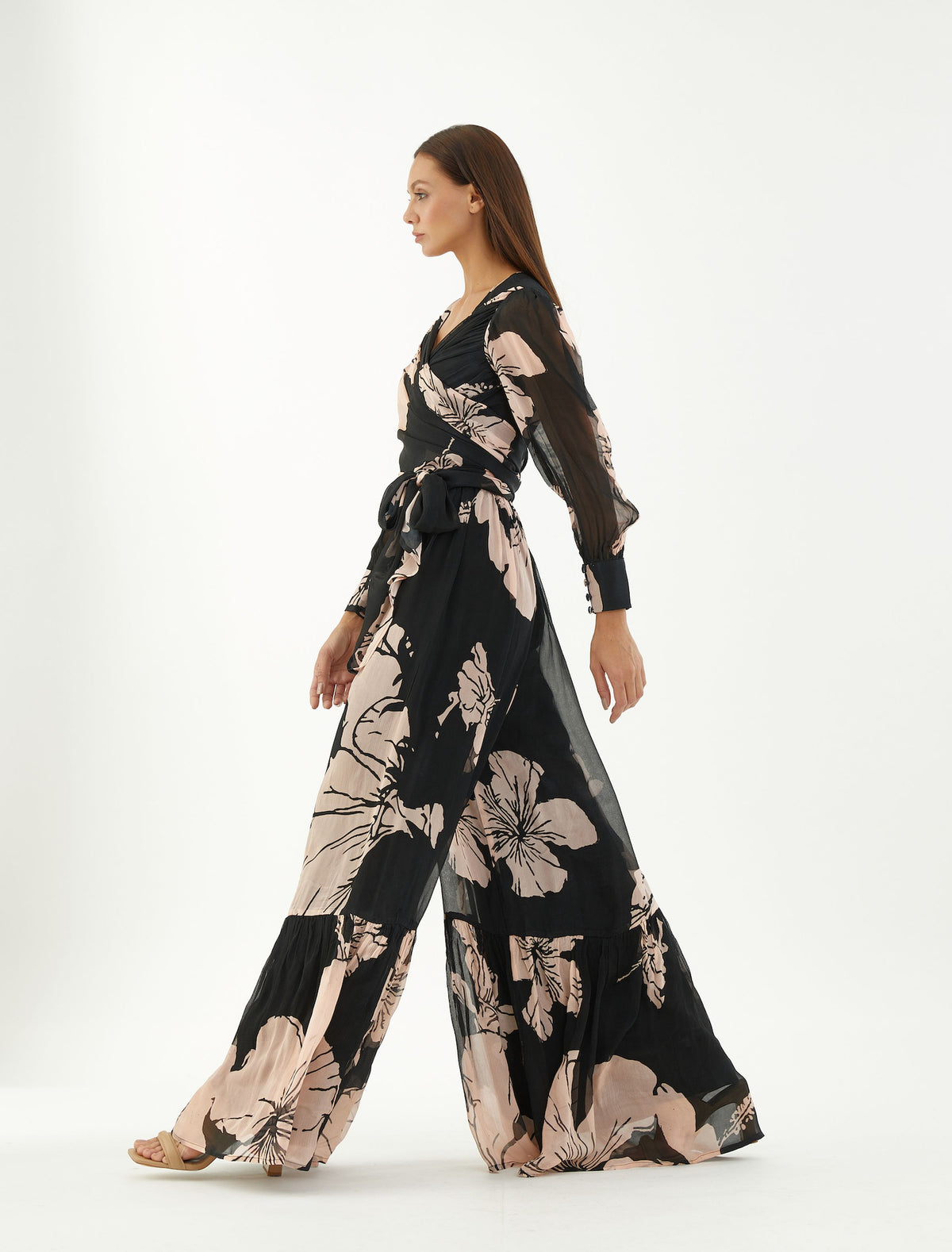 BLACK AND PINK FLORAL WRAP JUMPSUIT