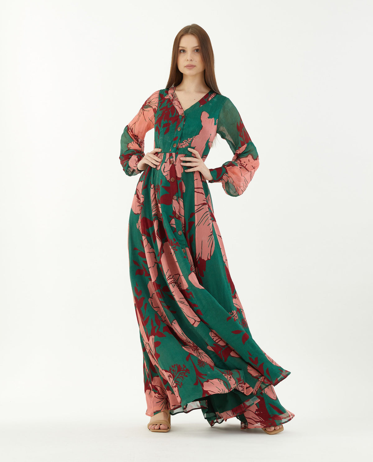 GREEN, PINK AND RED FLORAL LONG SHIRT DRESS
