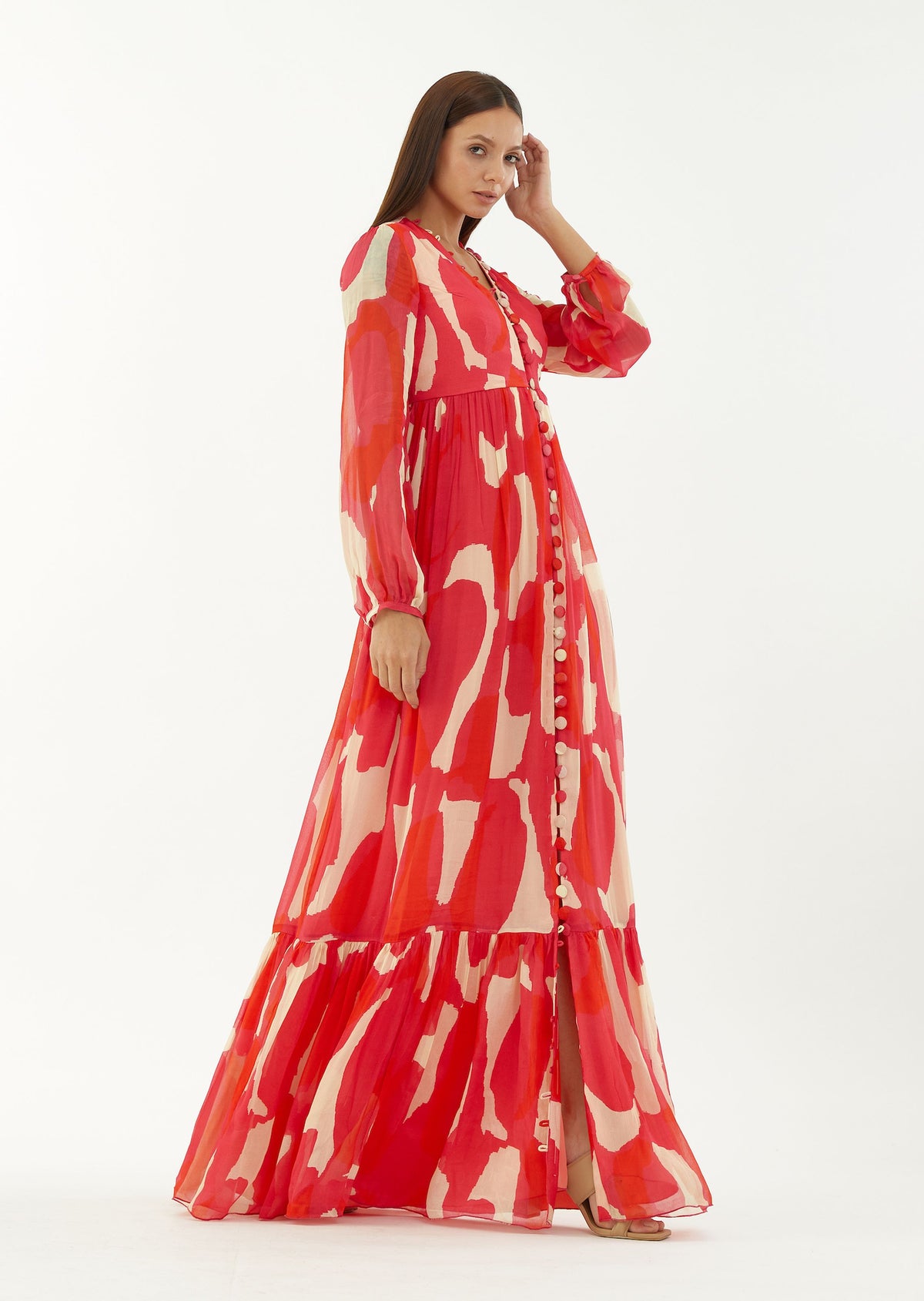 HOT PINK, RED AND BEIGE ABSTRACT LONG DRESS