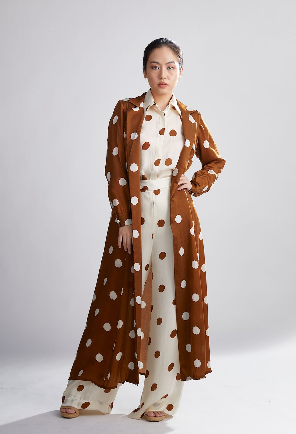 BROWN AND CREAM POLKA DOT TRENCH CAPE