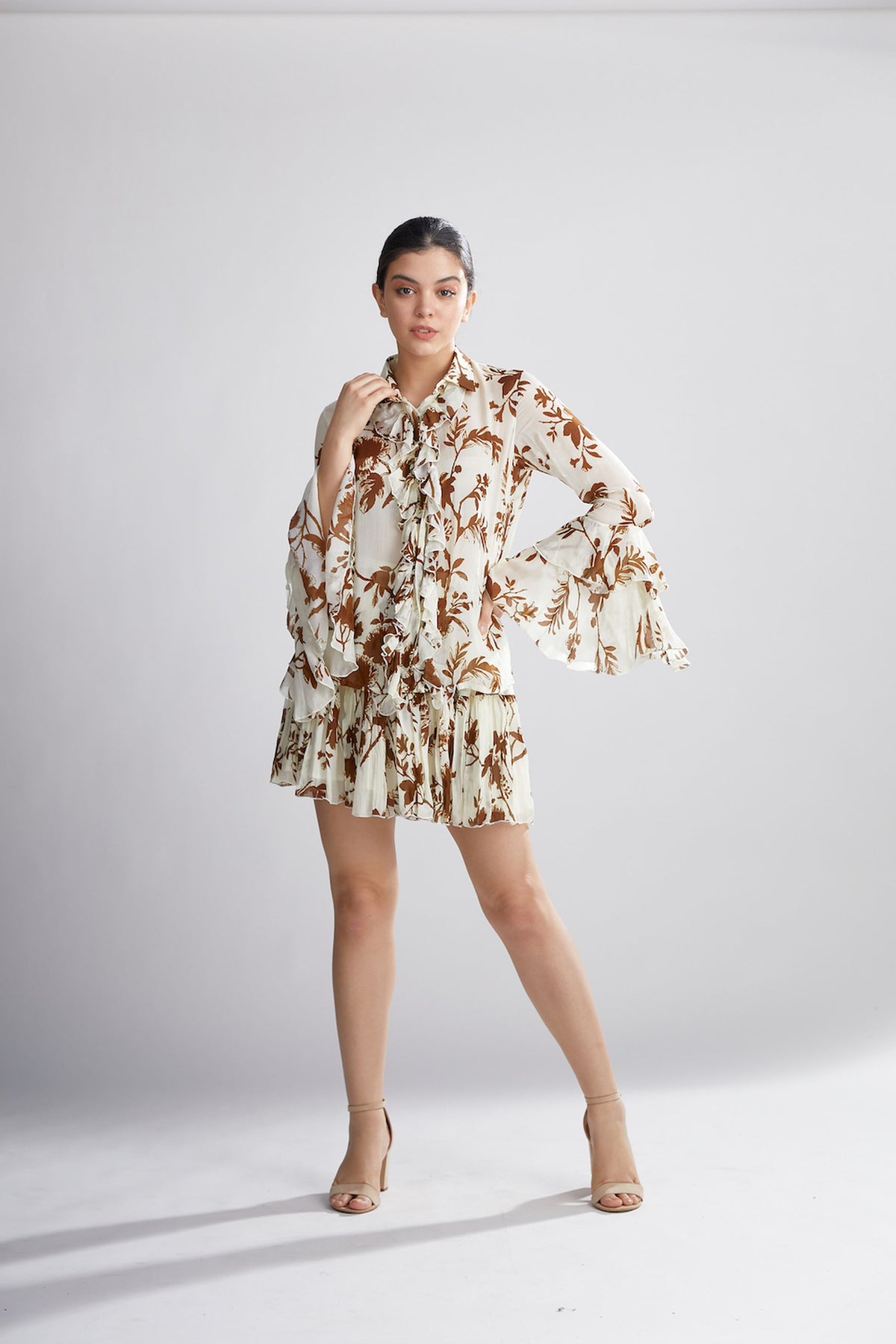 CREAM AND BROWN FLORAL FRILL SKIRT
