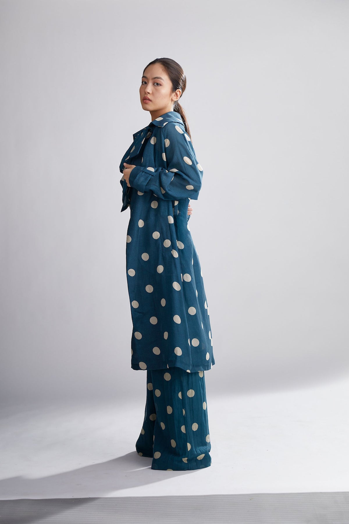TEAL AND CREAM POLKA DOT TRENCH COVER