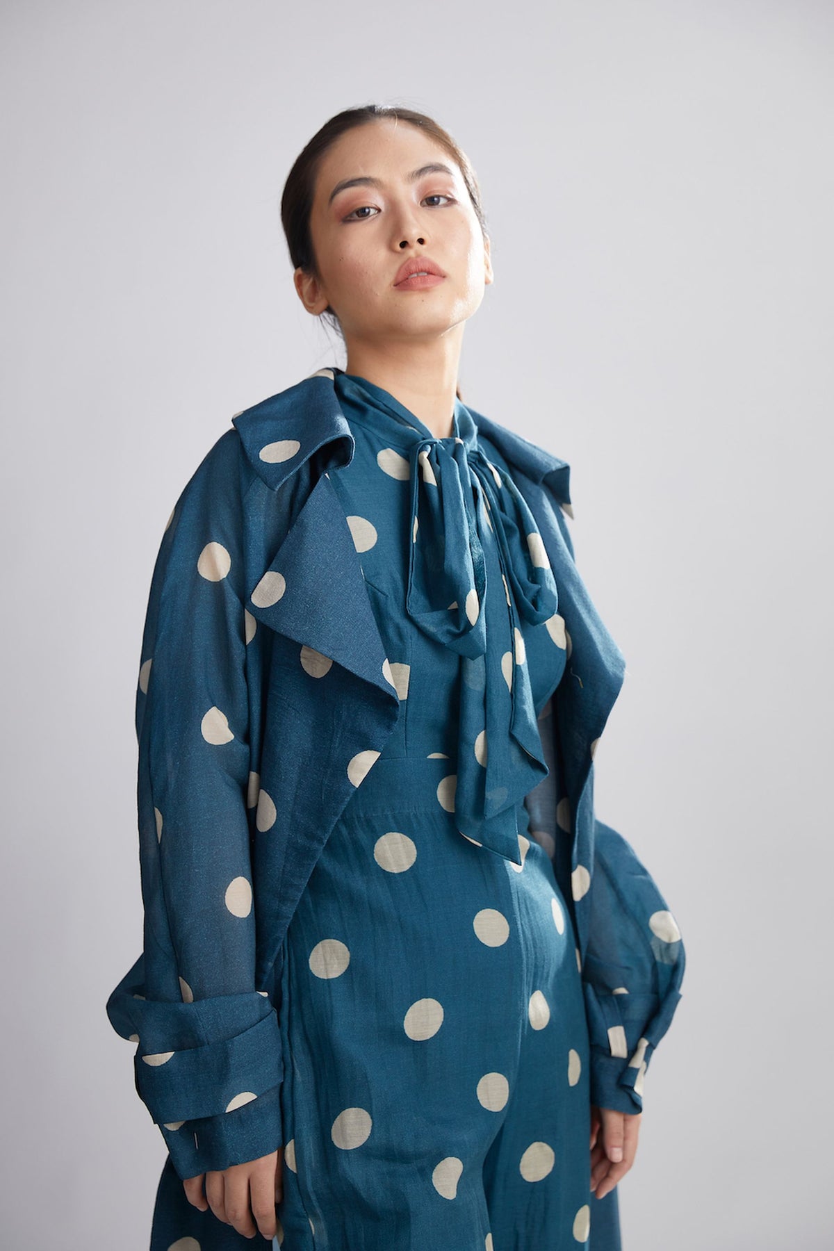 TEAL AND CREAM POLKA DOT TRENCH COVER
