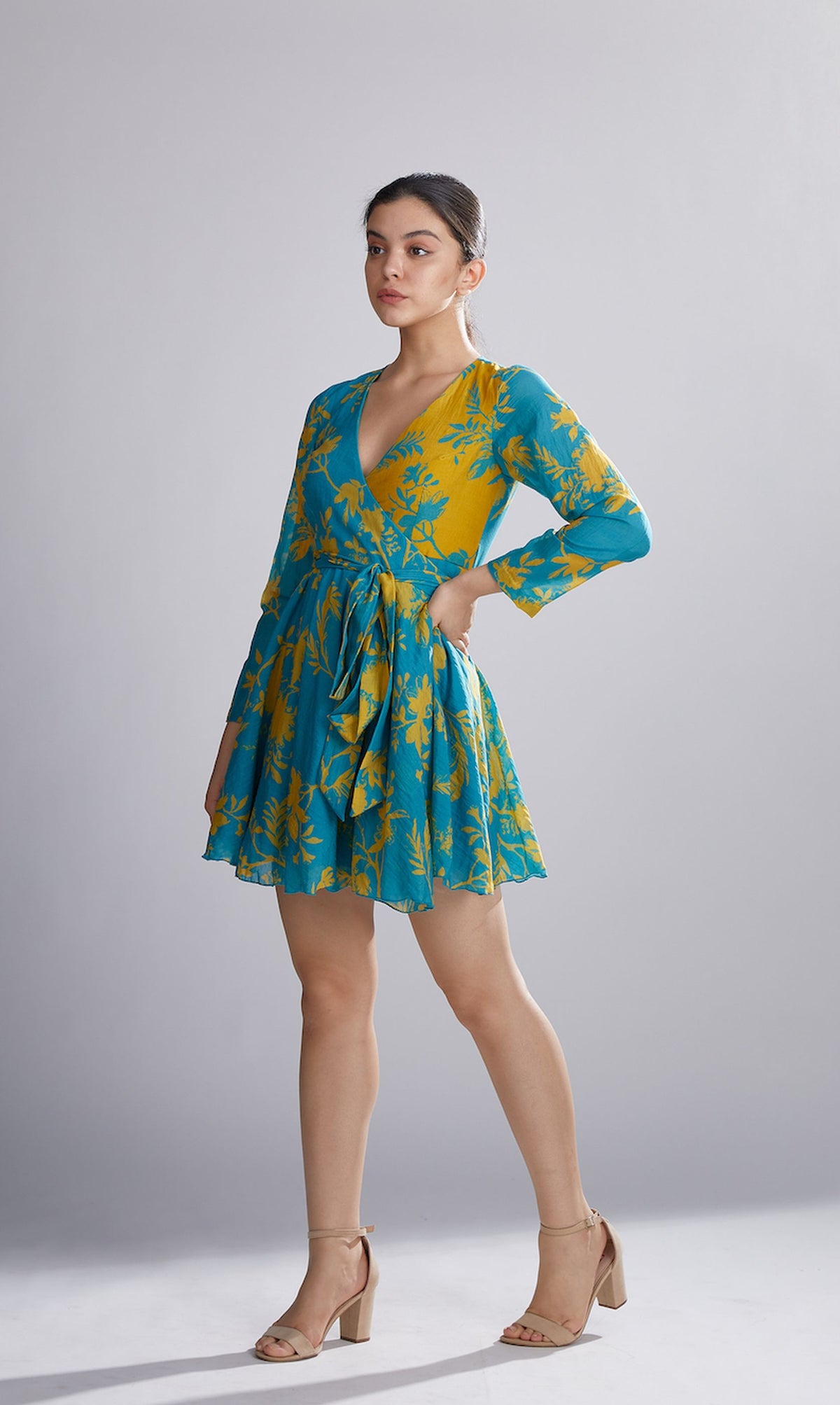 BLUE AND MUSTARD DUAL FLORAL WRAP DRESS