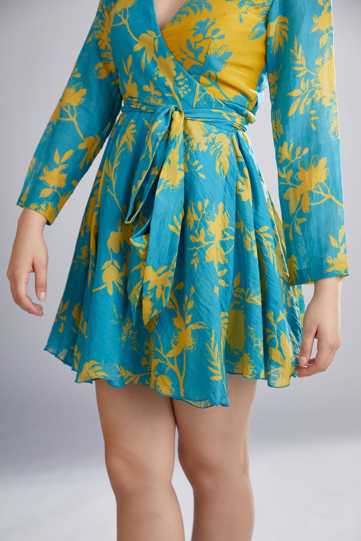 BLUE AND MUSTARD DUAL FLORAL WRAP DRESS