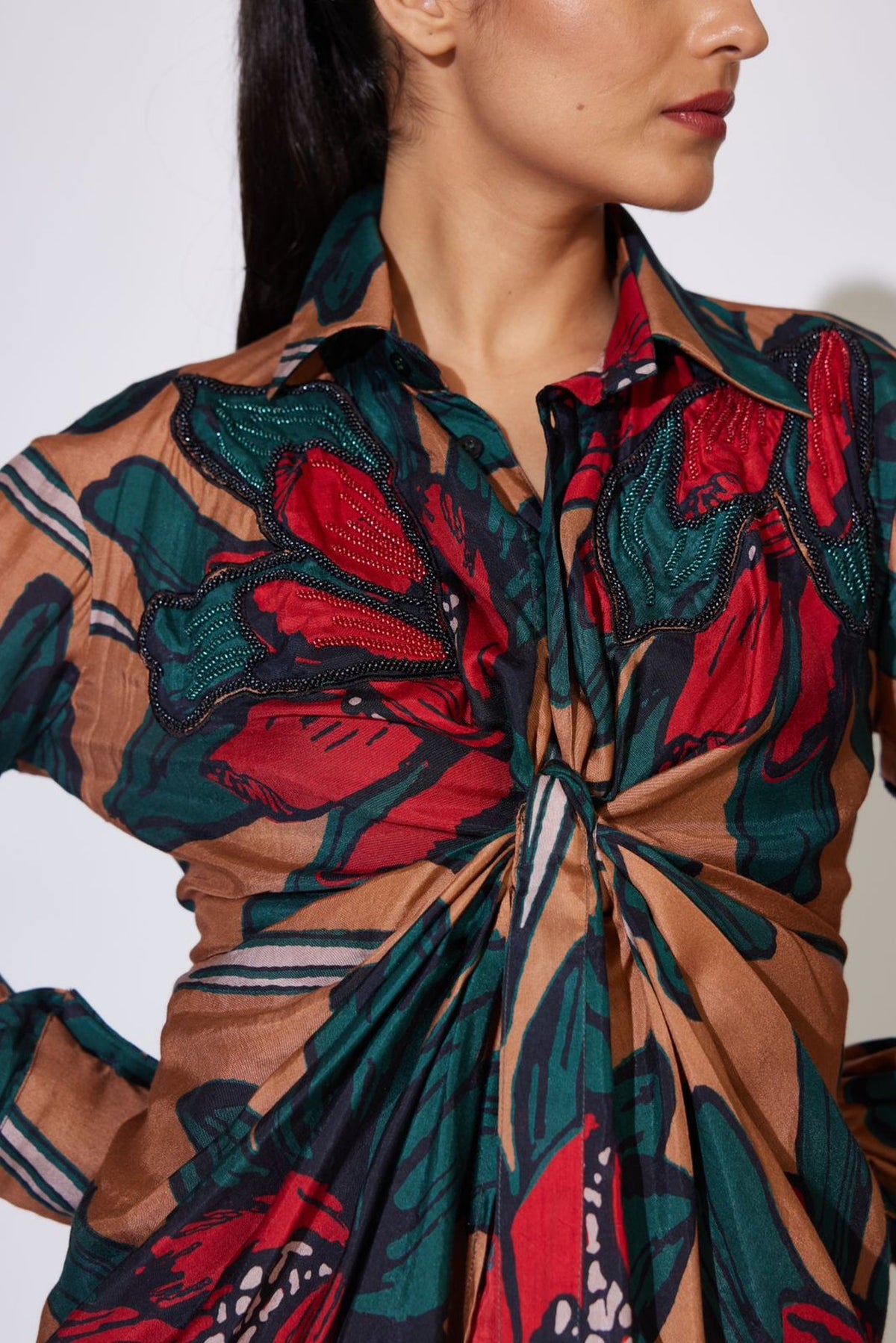 BEIGE, GREEN AND RED FLORAL EMBROIDERED SHIRT