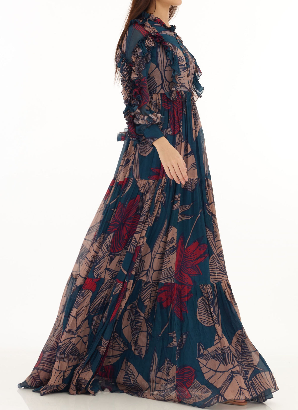 BLUE, ORANGE RED FLORAL FRILL LONG DRESS