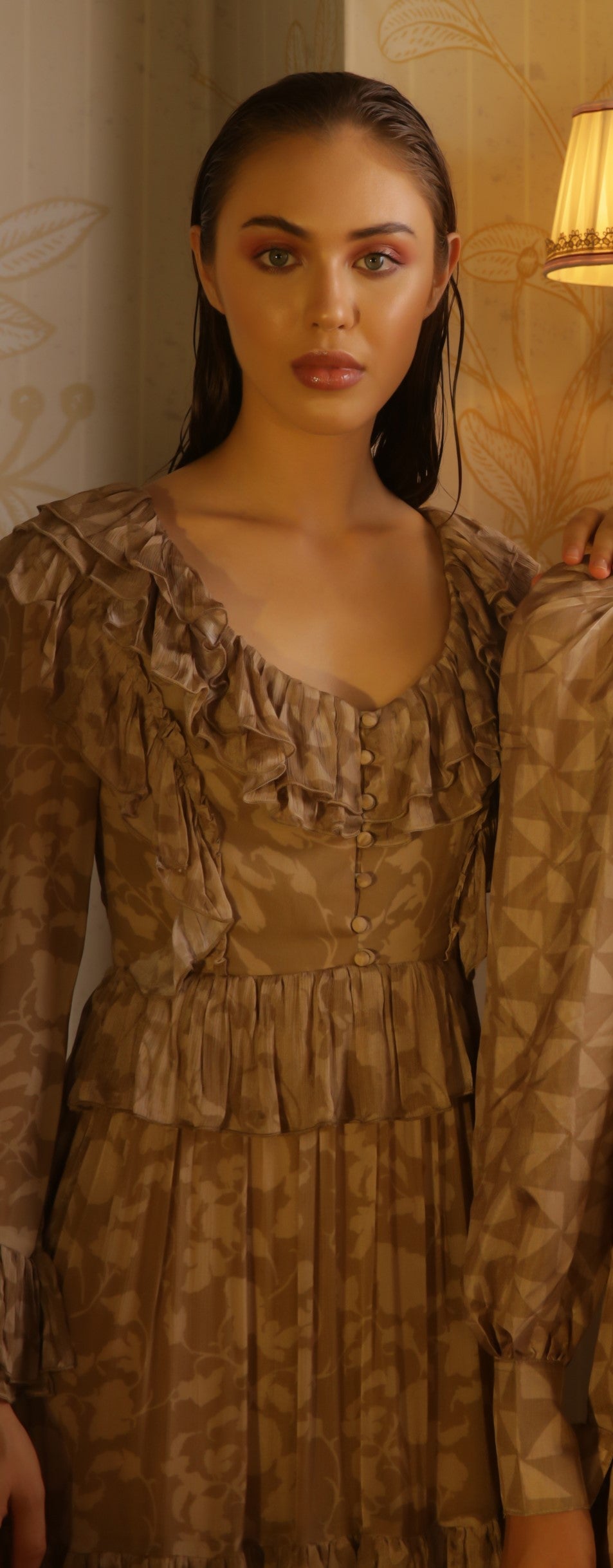 GREY AND BROWN FLORAL FRILL LONG DRESS