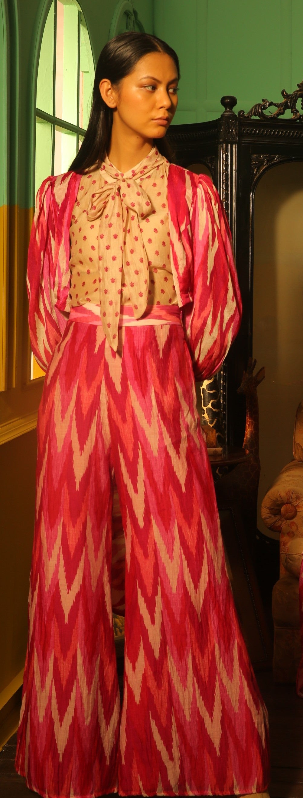 BEIGE AND PINK POLKA DOT BOW TIE SHIRT