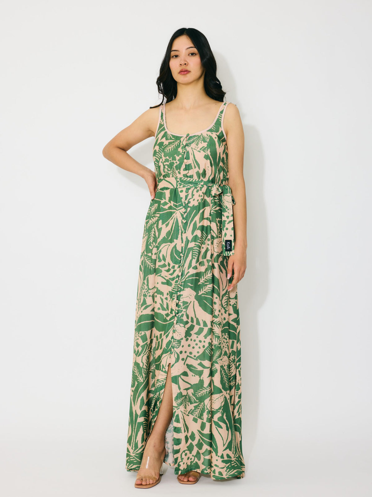 PEACH AND GREEN SLEEVELESS LONG DRESS PEACH AND GREEN SLEEVELESS LONG DRESS