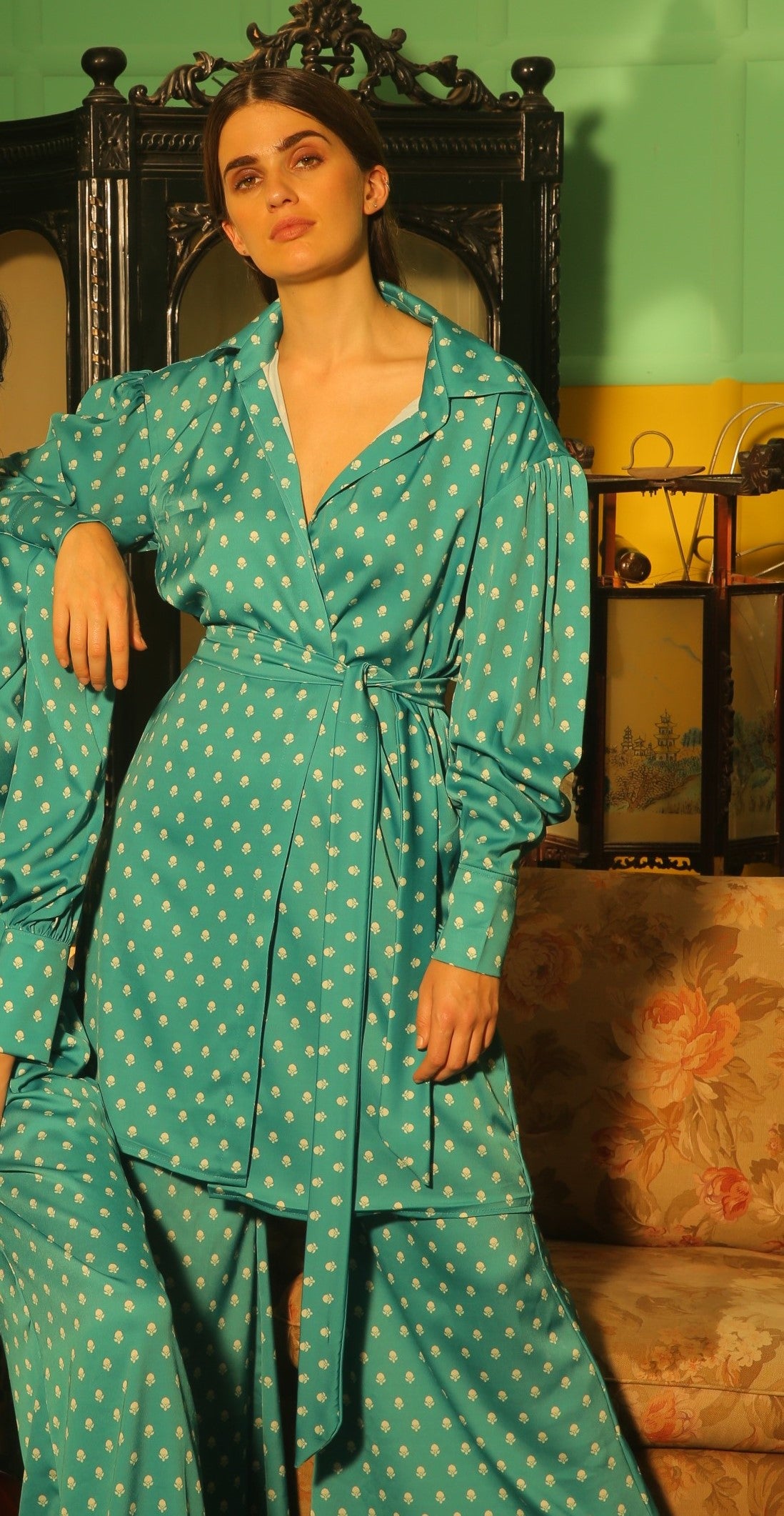 SEA GREEN AND CREAM POLKA BELL BOTTOM PANTS