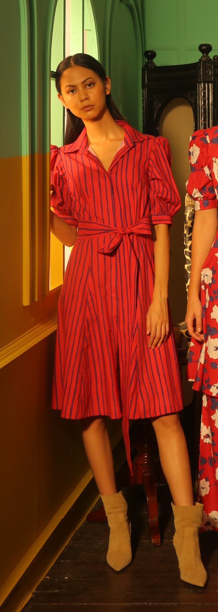 RED AND BLUE STRIPE LONG SHIRT DRESS