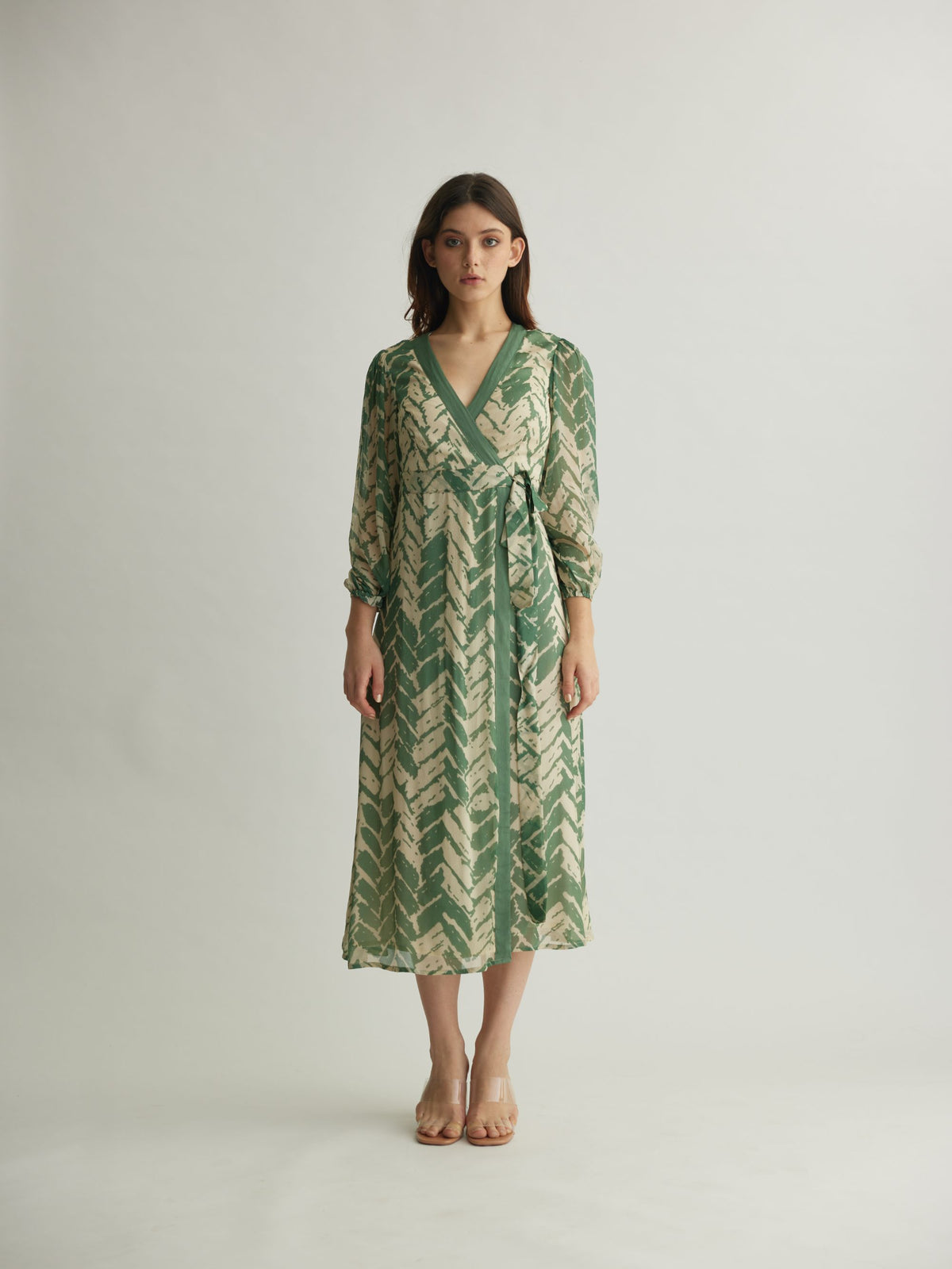 BEIGE AND MINT CHEVRON PRINT WRAP DRESS ShopKoai BEIGE AND MINT CHEVRON PRINT WRAP DRESS ShopKoai