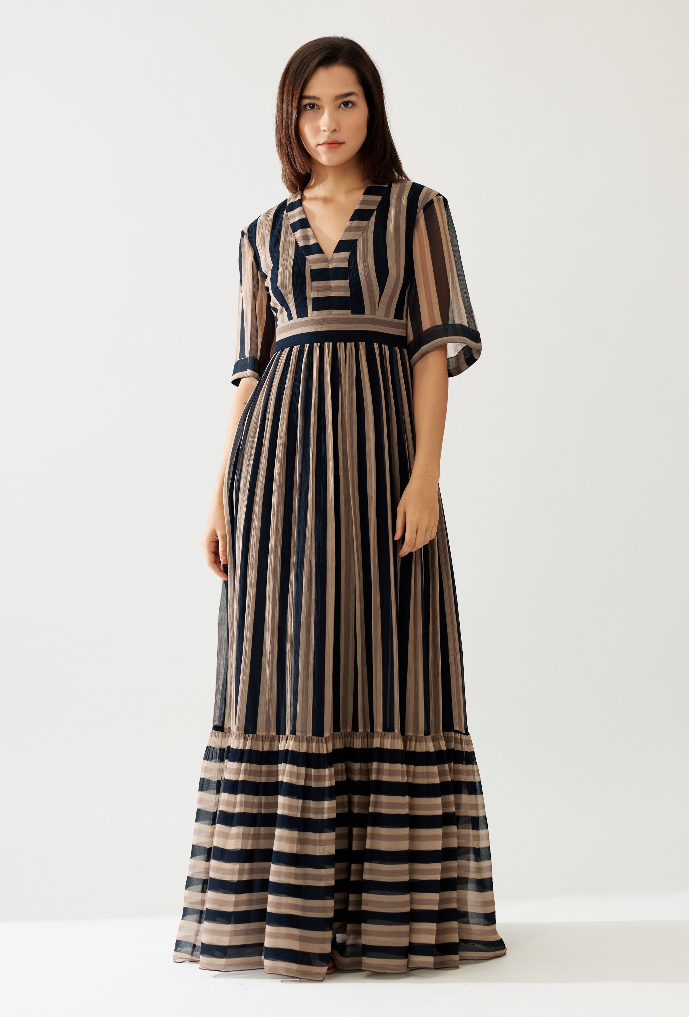 DARK GREEN AND BEIGE STRIPE LONG DRESS ShopKoai DARK GREEN AND BEIGE STRIPE LONG DRESS ShopKoai