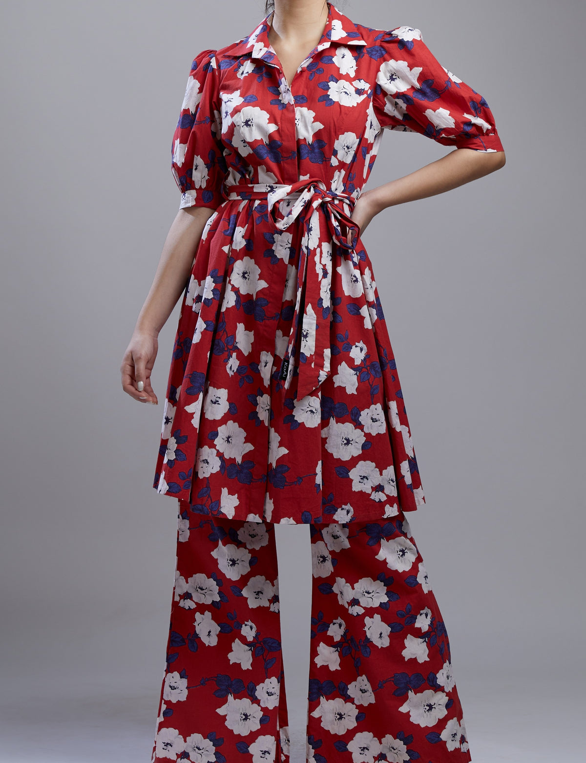 RED, BLUE AND WHITE FLORAL LONG SHIRT DRESS