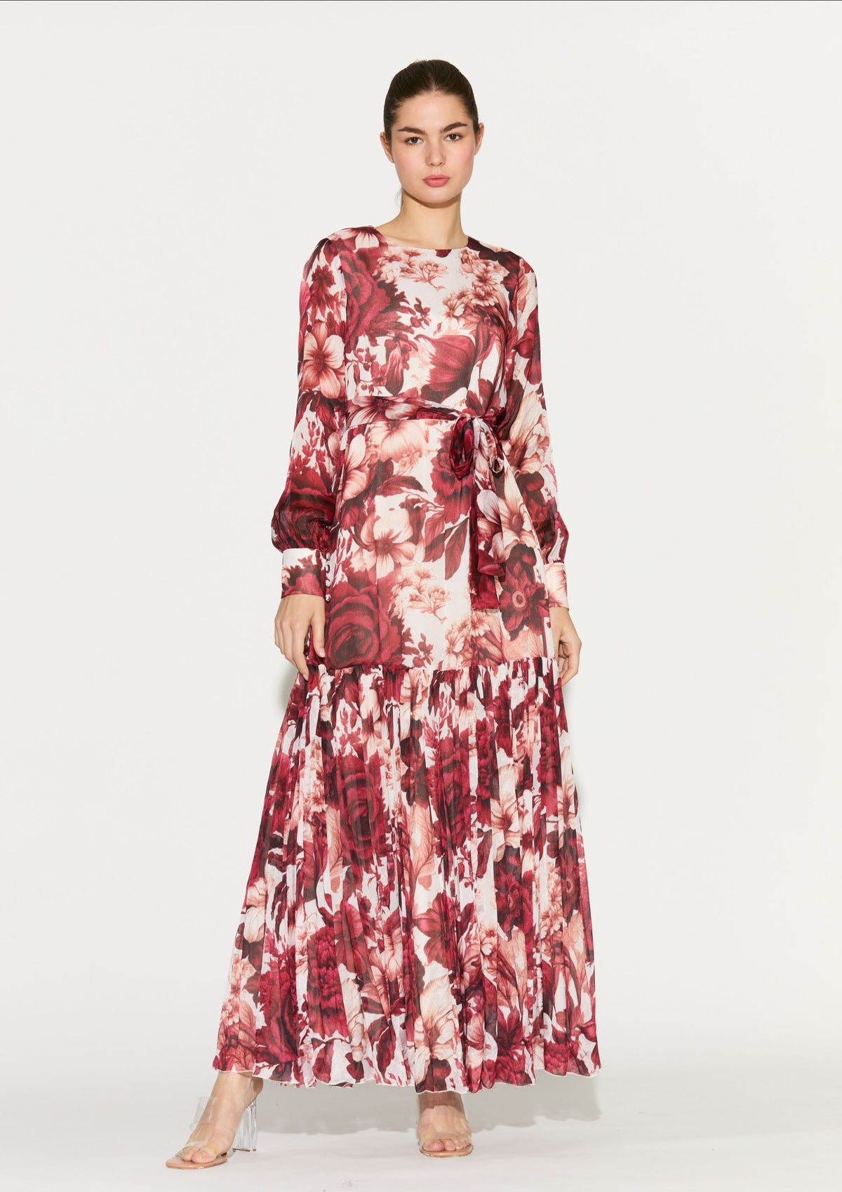 WHITE AND RED FLORAL LONG DRESS