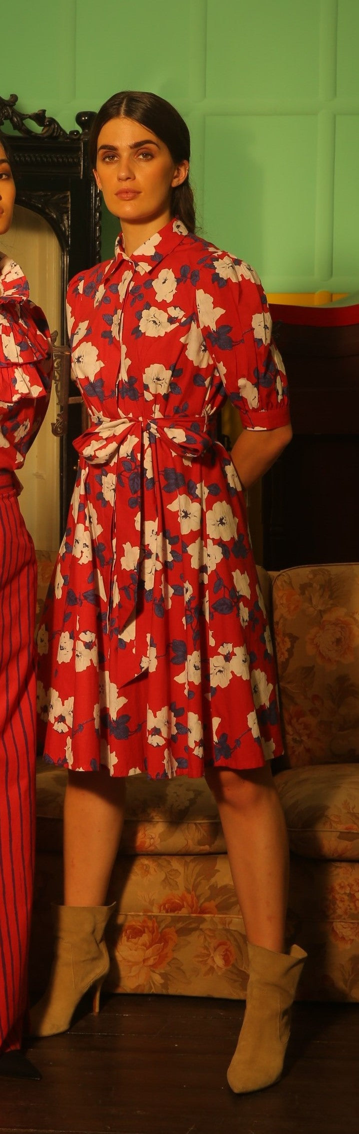 RED, BLUE AND WHITE FLORAL SHIRT DRESS